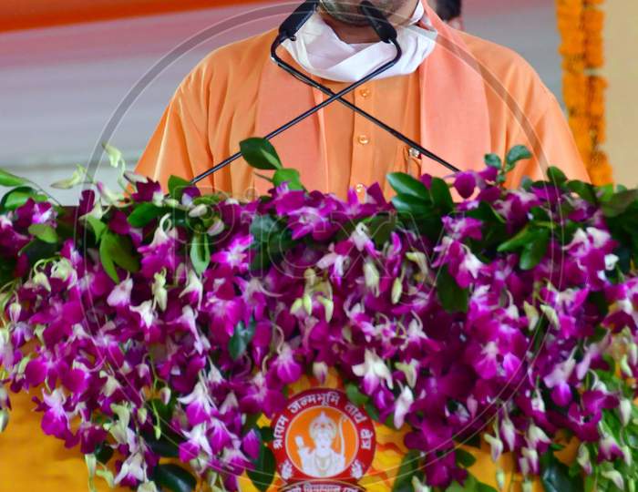 Uttar Pradesh Chief Minister Yogi Adityanath addresses people after the foundation laying ceremony for the Hindu Lord Ram's temple, in Ayodhya, India, August 5, 2020.