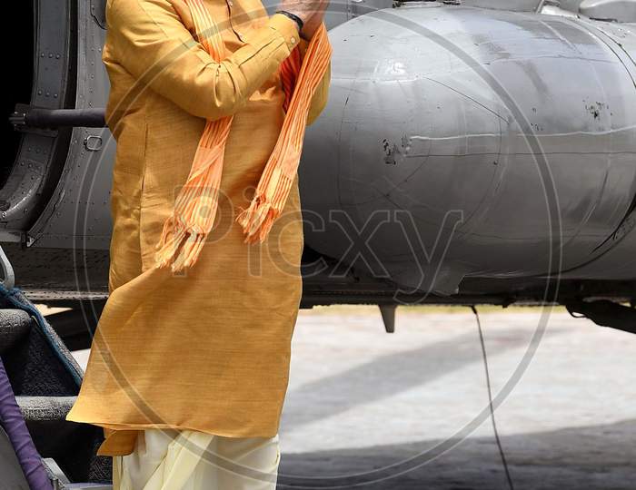 Uttar Pradesh Chief Minister Yogi Adityanath (not in picture) greets Prime Minister Narendra Modi as he arrives, ahead of the foundation laying ceremony for a Hindu Lord Ram's temple in Ayodhya, India, August 5, 2020.