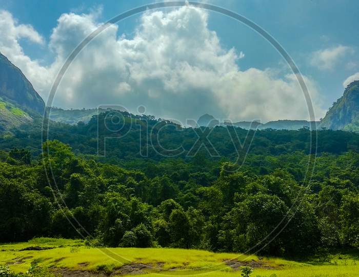 Panoramic view of lush landscape with mountains and trees In Maharashtra, India