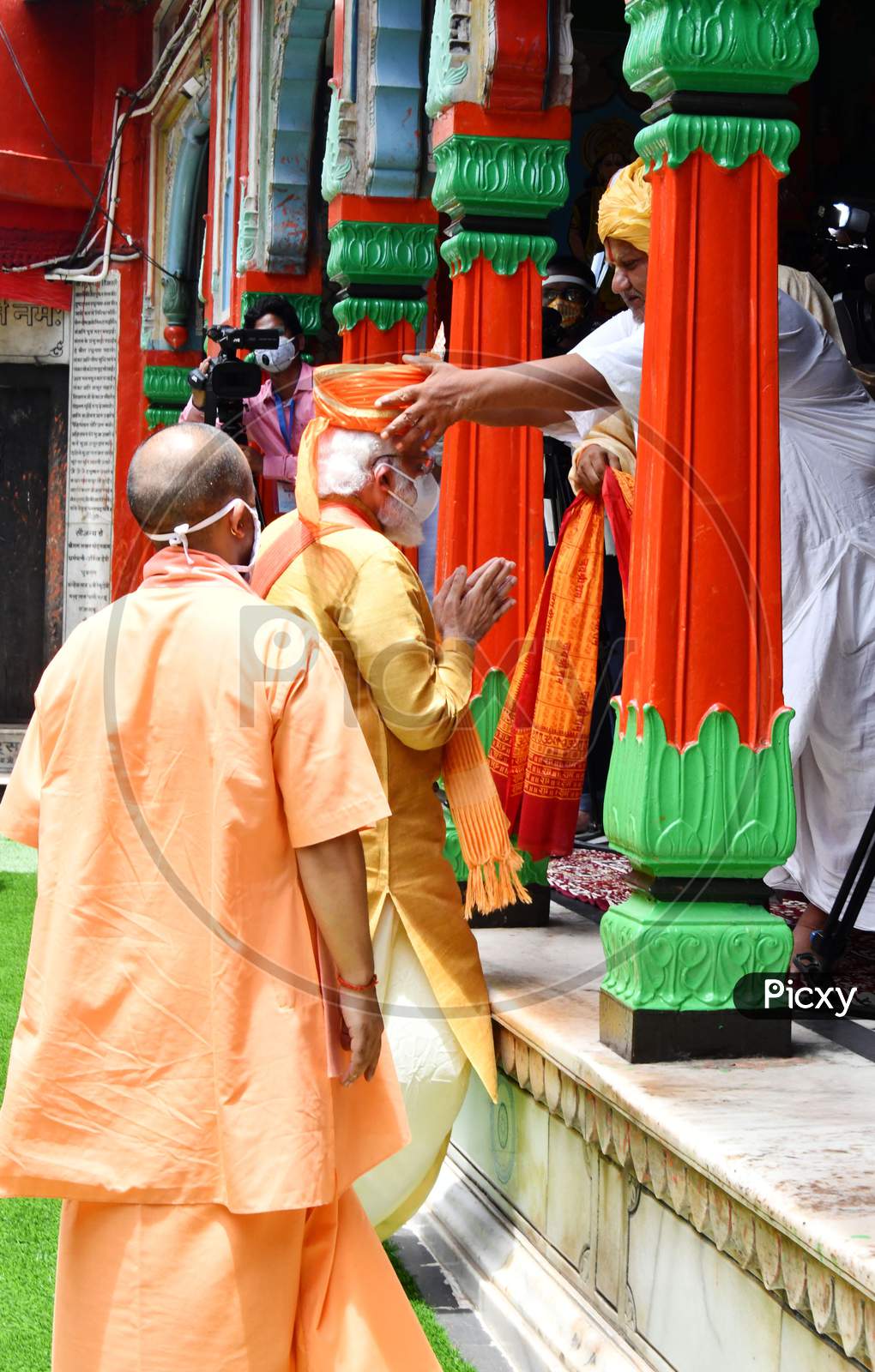 Prime Minister Narendra Modi and Uttar Pradesh Chief Minister Yogi Adityanath visit and perform religious rituals at Hanuman Garhi temple, ahead of the foundation laying ceremony for a Hindu Lord Ram's temple in Ayodhya, India, August 5, 2020.