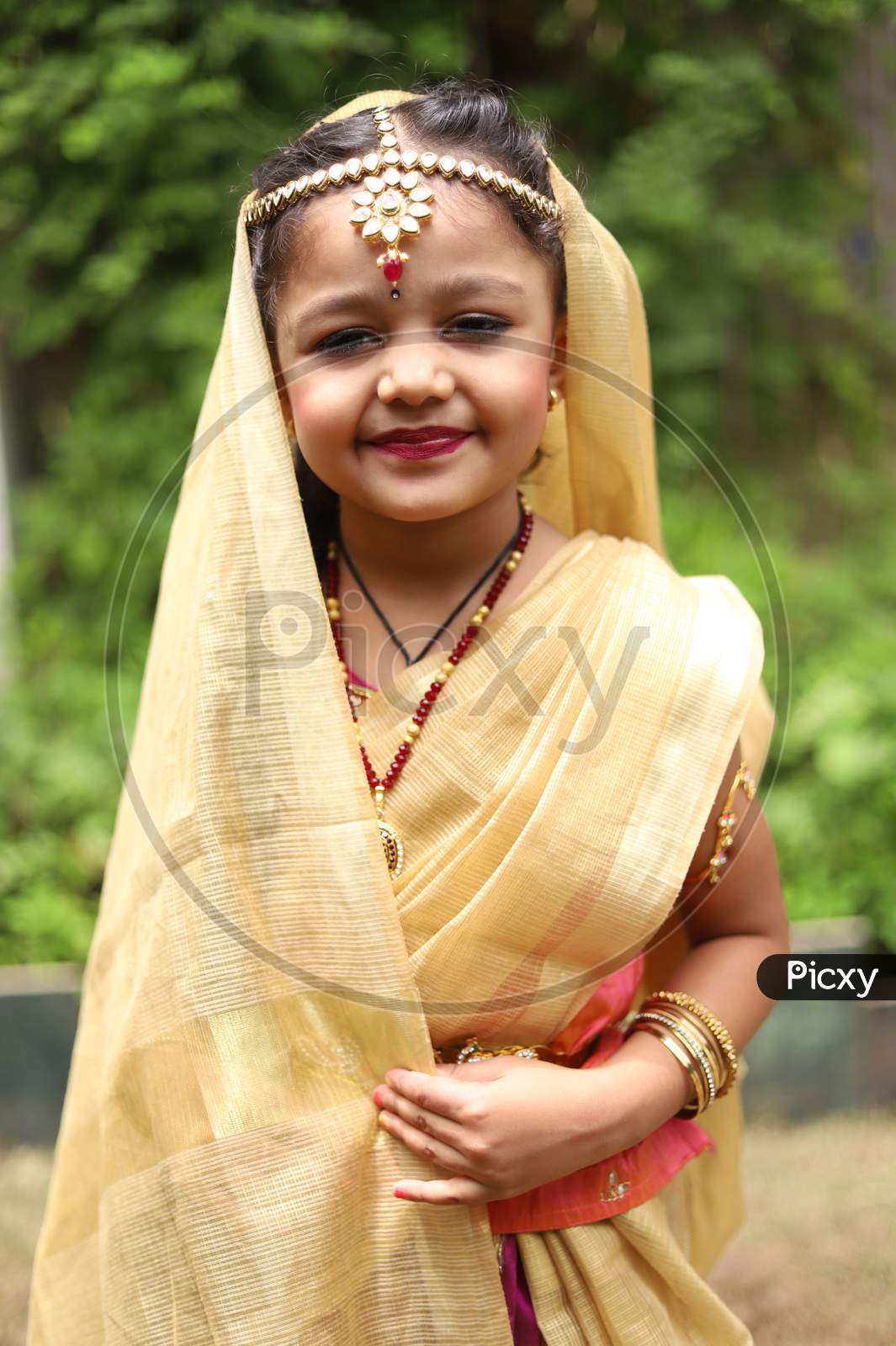 Image of Cute little girl dressed in traditional Indian sari to ...