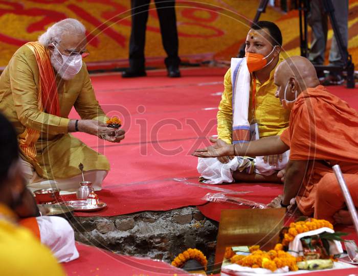 Prime Minister Narendra Modi performs rituals during the foundation laying ceremony for the Hindu Lord Ram's temple, in Ayodhya, India, August 5, 2020.