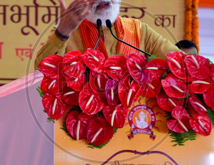 Prime Minister Narendra Modi addresses people after the foundation laying ceremony for the Hindu Lord Ram's temple, in Ayodhya, India, August 5, 2020.