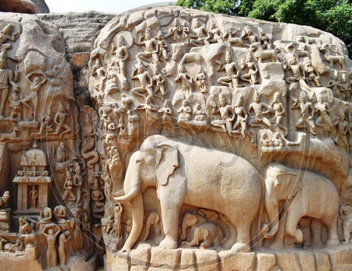 Arjuna's Penance a large rock relief carving in mahabalipuram, India