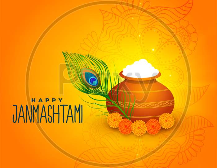 Shiny Yellow Decorative Happy Janmashtami Dahi Handi Greeting