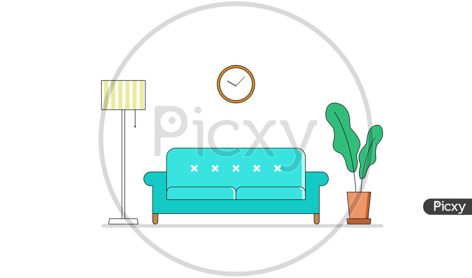 Living Room With Sofa Couch Chair Pot Of Tree And Round Clock
