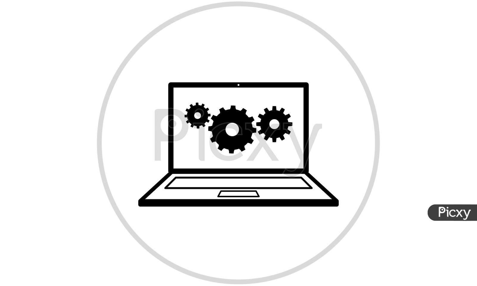 Gears On Laptop Screen Flat Icon On White Background