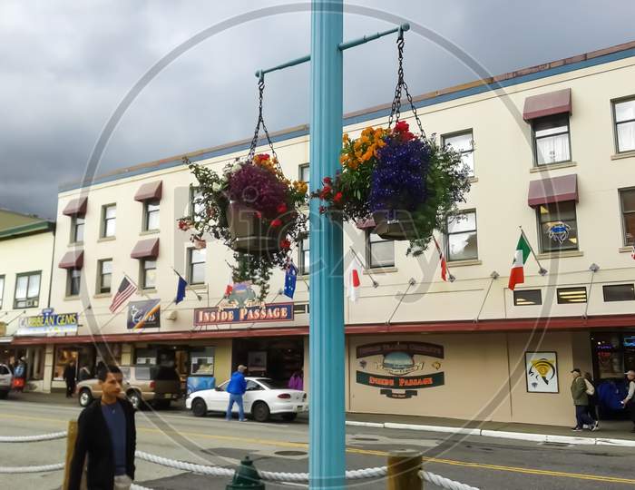7/4/2014 ,Ketchikan ,Alaska ,Usa ,A View Of Street Near To Cruise Port ,View Of Street ,Tourists And Shops