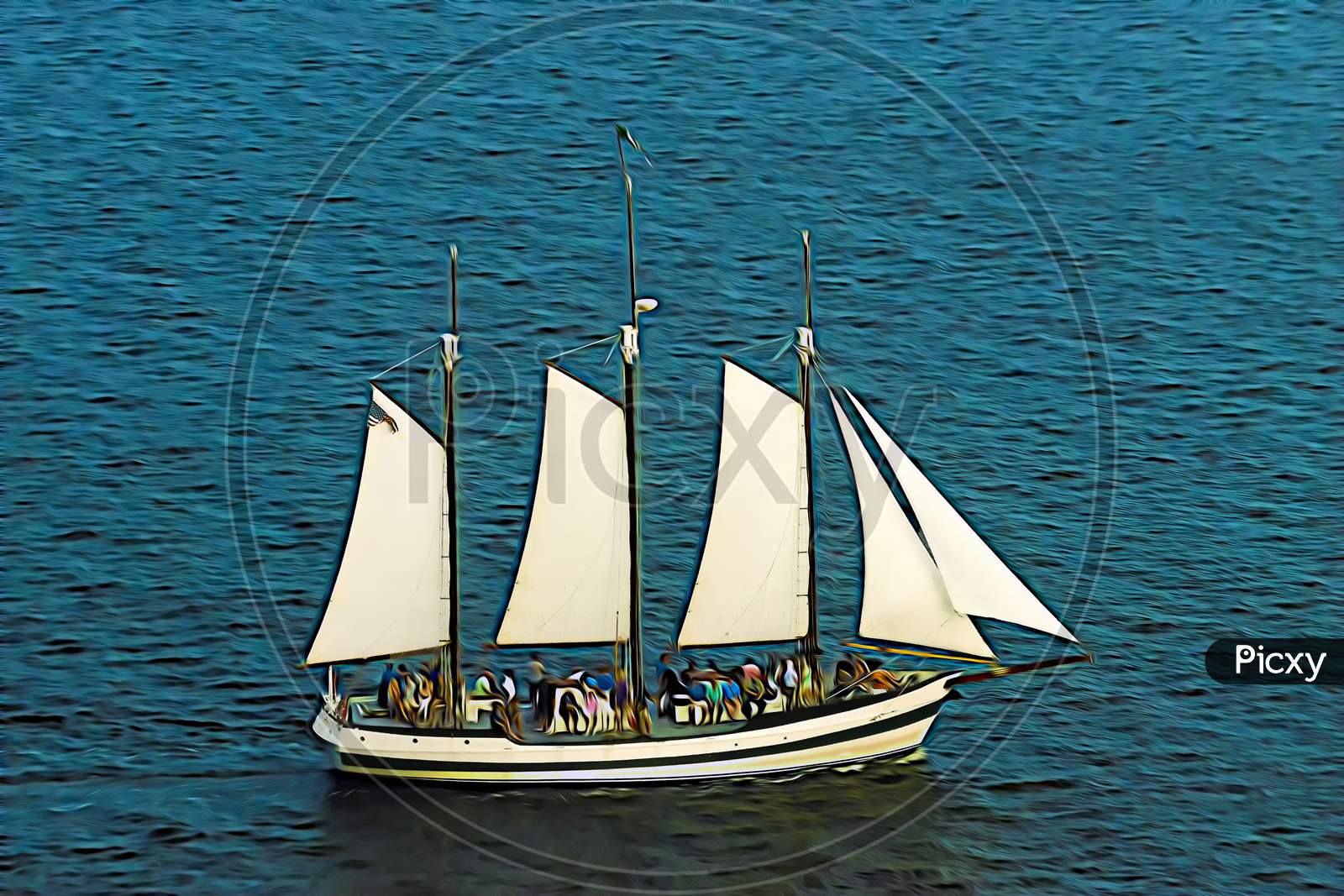 Swirly Artistic Oil Painting Treatment Of Schooner Sailboat Cruising On Blue Water