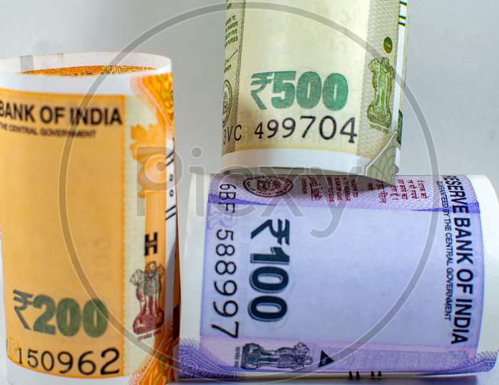 Indian currency Note of  Five two and one hundred rupees banknote of India with a denomination of 100 200 500. concept image for various type of monetary transactions
