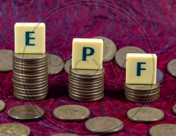 Employees Provident Fund or EPF word design with Indian five rupee coin for various type of financial transaction or stock market option