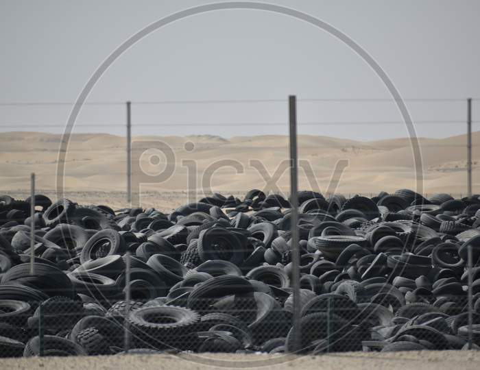 Landfill Full Of Waste Tires.Tyre Scrap Area.