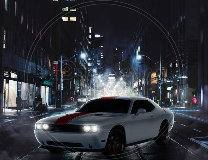 Mustang in city at night