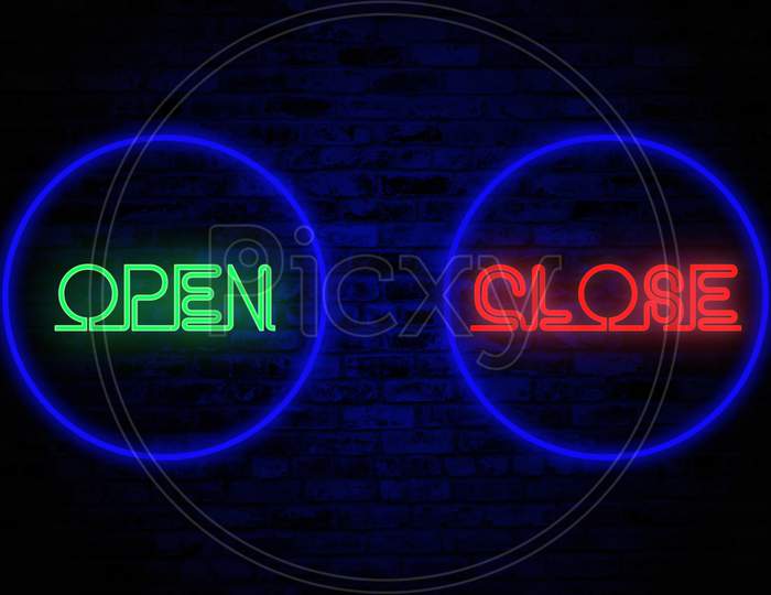 Neon Light Open And Close Banner, Business Advertising Illustration