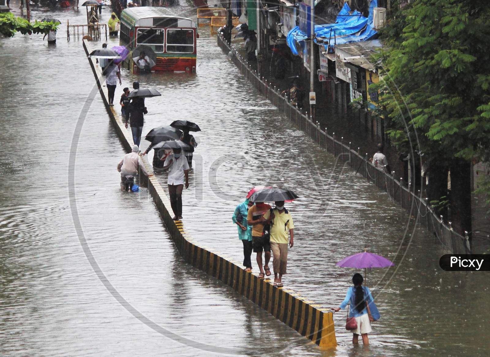 A view shows waterlogged roads during rains, in Mumbai, India on August 4, 2020.