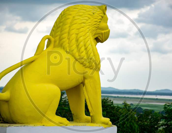 The beautiful Lion statue at Dhauligiri Shanti Stupa ancient Hindu world heritage conservation Architecture and Stone Carvings