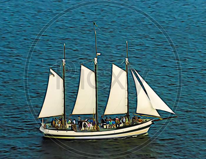 Swirly Artistic Oil Painting Treatment Of Schooner Sailboat Cruising On Blue Water