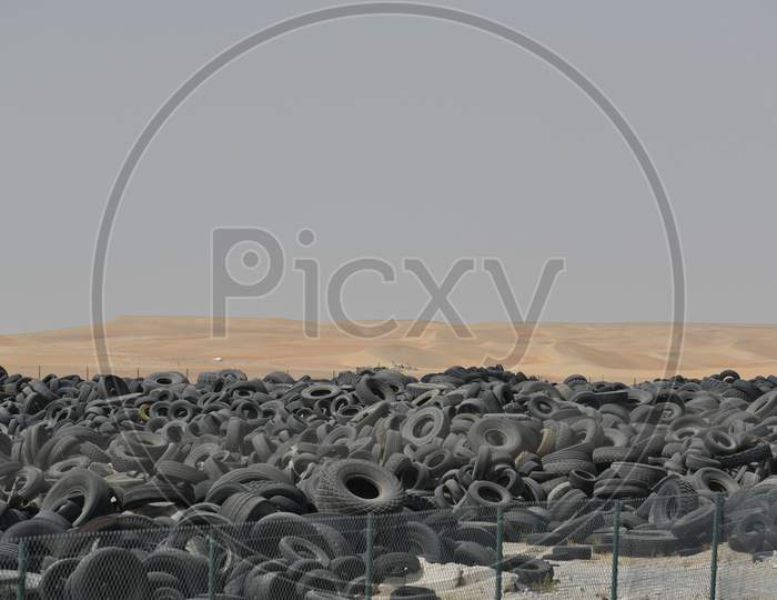 Landfill Full Of Waste Tires.Tyre Scrap Area.