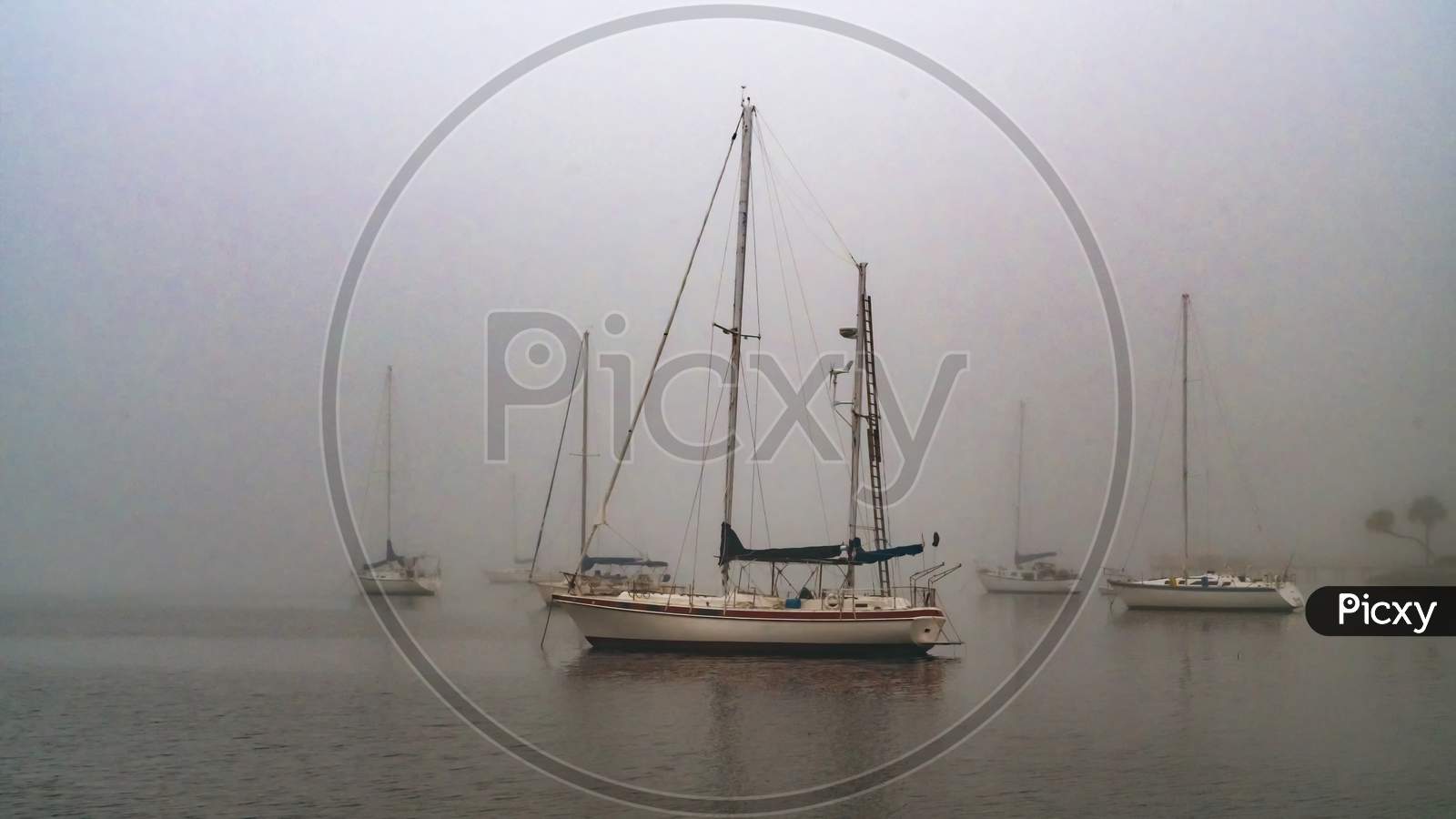 Sailboats Anchored In Thick Grey Foggy Harbor In The Morning
