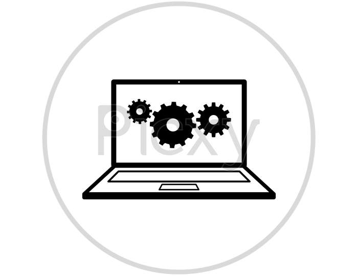 Gears On Laptop Screen Flat Icon On White Background