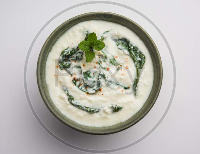 Spinach Yogurt Salad Or Palak Raita Served In A Bowl