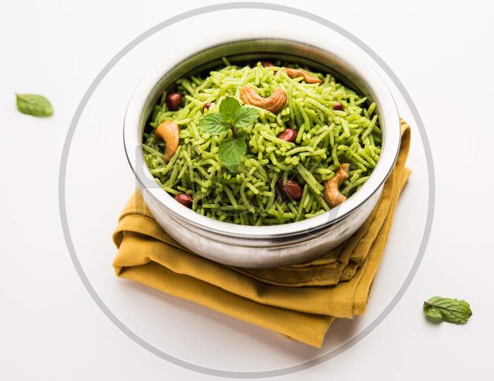Mint Rice Or Pudina Flavoured Pulao, Served In A Bowl