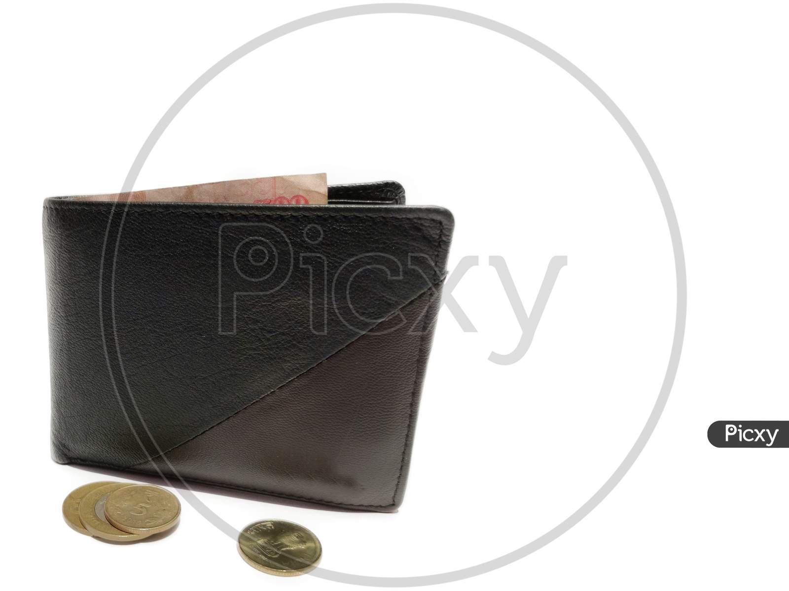 Money in wallet with coins Outside on White background