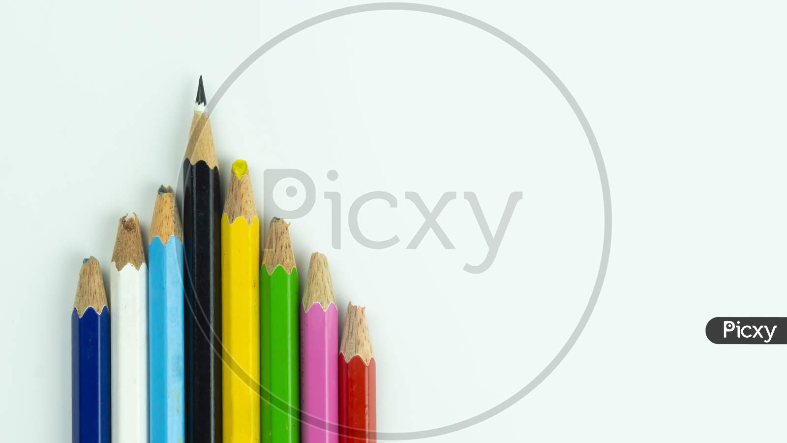 Colourful pencils are kept but only one pencil are clearly can be used to represent performance and leadership concept