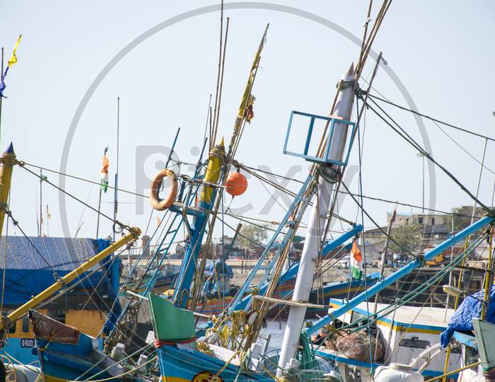Masts Of Fishing Sailboats At Moti Daman Jetty In Daman, India