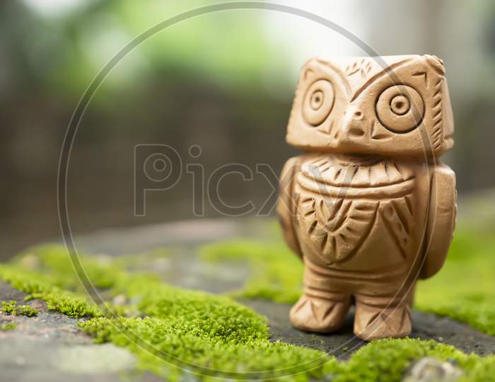 Terracotta owl on a moist background