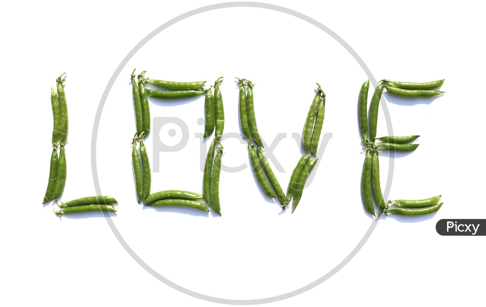 Love Word Written With Green Pea Isolated On White Background, Perfect For Wallpaper