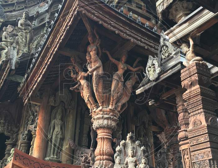 The Sanctuary of Truth is an unfinished Hindu-Buddhist temple and museum in Pattaya, Thailand. It was designed by the Thai businessman Lek Viriyaphan in the Ayutthaya style. It's a must vitis place inThiland and thousands visit to see the magnificient work of wooden sculptures.