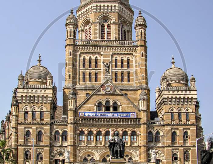 Heritage structure of old Mumbai Corporation building, Maharashtra, India with a clear background.
