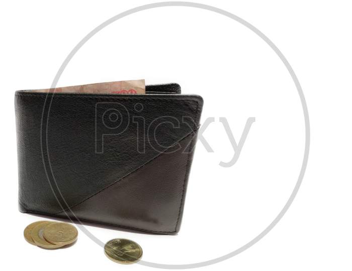 Money in wallet with coins Outside on White background