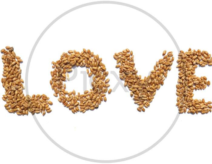 Love Word Written With Wheat On White Background, Perfect For Wallpaper