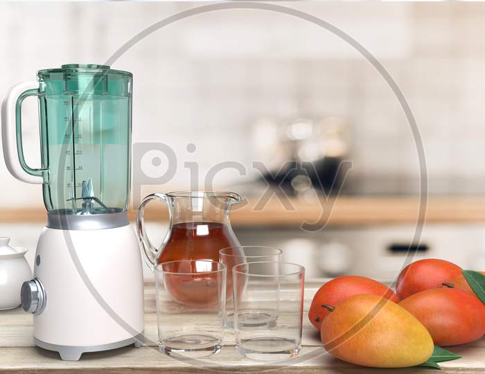 Realistic Looking Mixer Grinder, Glass Container And Ripe Mangos At Wooden Table Top In Blurred Kitchen Interior Background, 3D Rendering