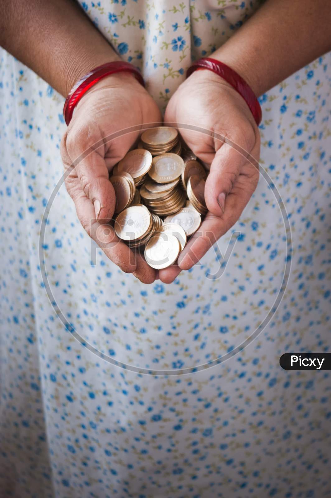 A Lady Holding Coins In A Gesture Of Giving Or Showing It