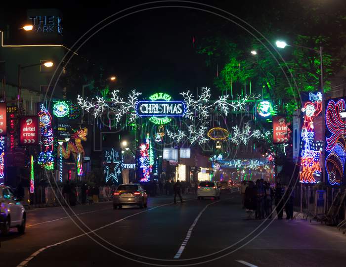 Christmas In Kolkata. New Year'S Decoration Of The Park Street, Kolkata, India On December 2019