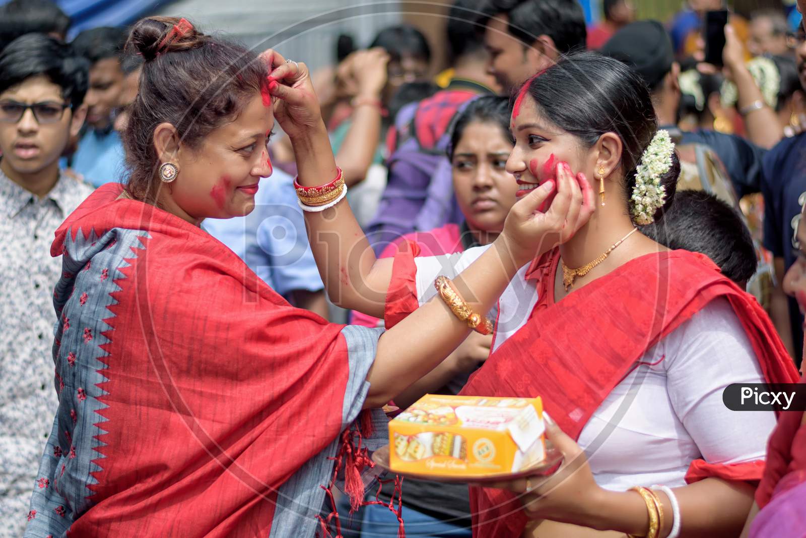 Women Participate In Sindur Khela At A Puja Pandal On The Last Day Of Durga Puja At Baghbazar Sarbojanin In Kolkata On October 2019