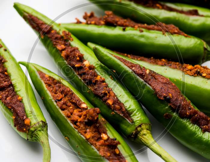 Stuffed Green Chillies Or Bharwa Mirch Using Spices Or Masala