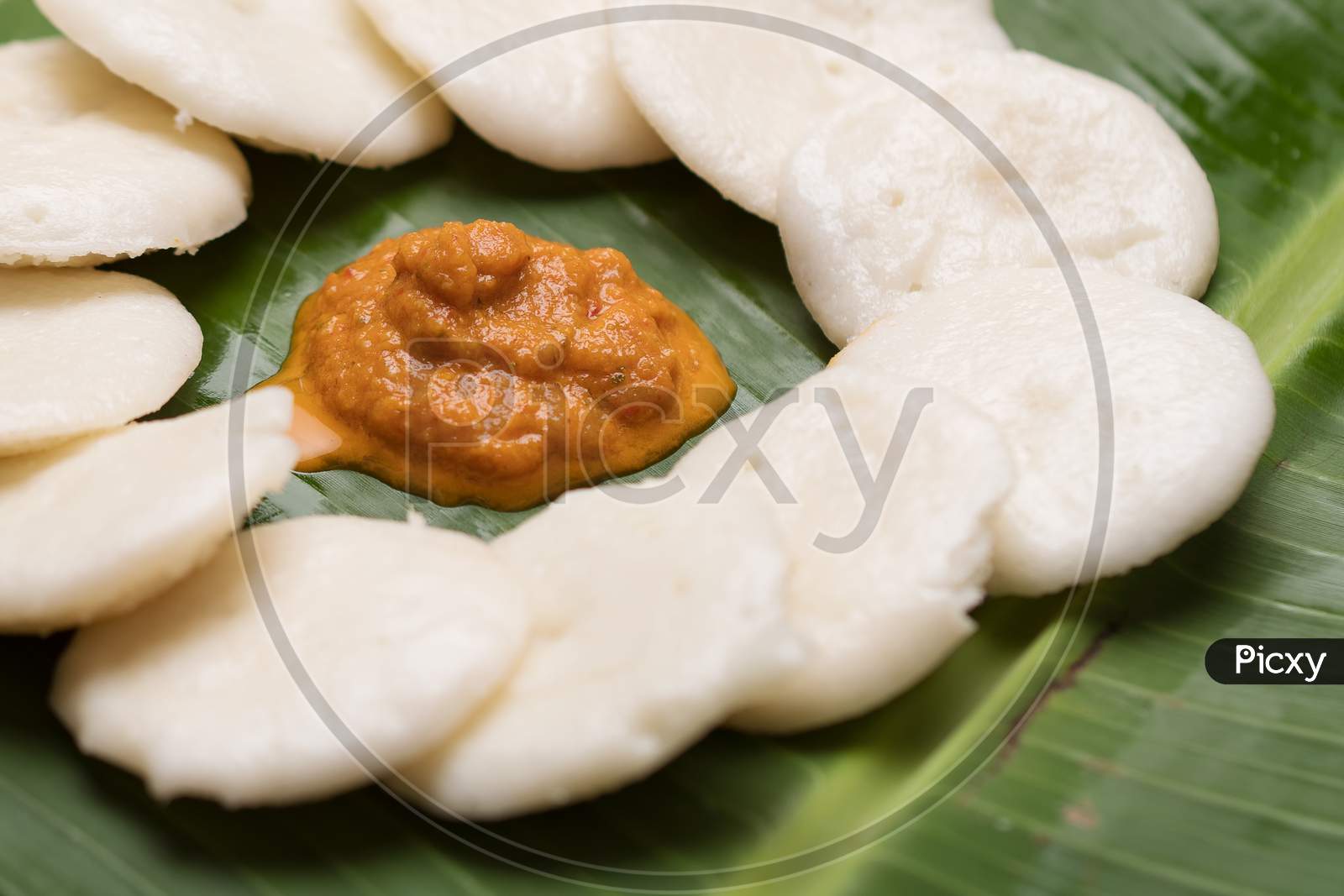 South Indian Dish, Idli Sambar On A Banana Leaf