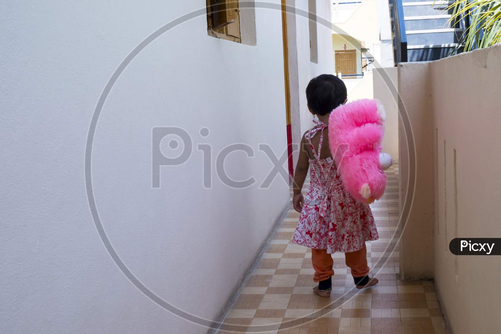 Indian Baby Girl Playing With Pink Teddy Bear In Exterior