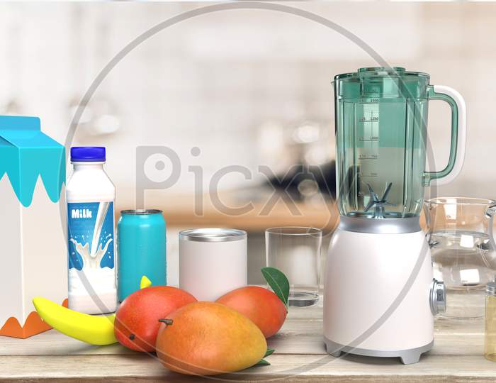 Realistic Looking Mixer Grinder, Milk Cartoon, Glass Container, Soda Can, Food Can And Ripe Fruits At Wooden Table Top In Blurred Kitchen Interior Background, 3D Rendering