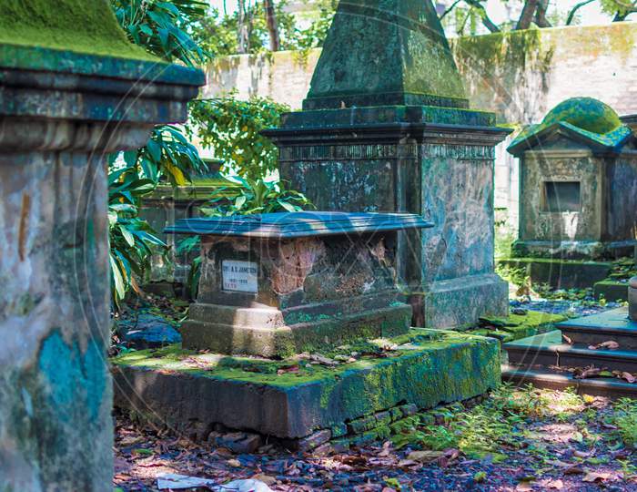 Ancient Gravestones Tombs Of South Park Street Cemetery In Kolkata, India. The Largest Christian Cemetery In Asia