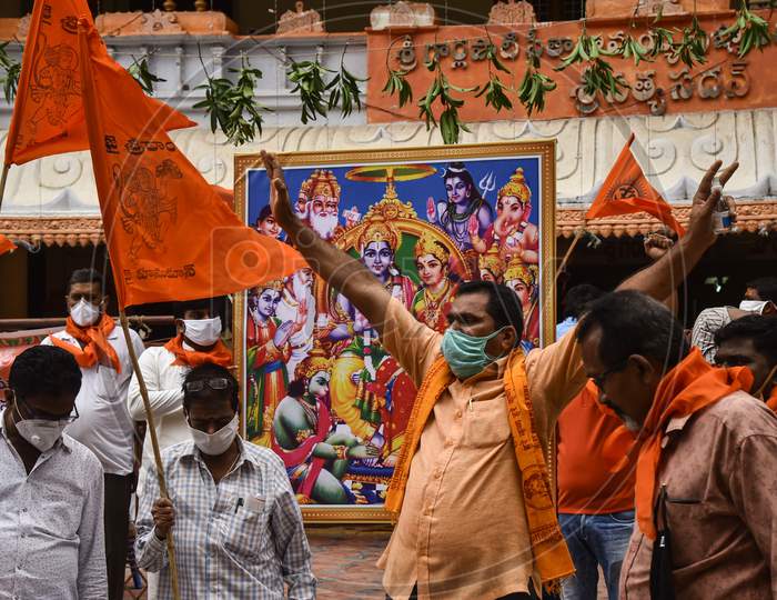Members Of Vishva Hindu Parishad Celebrate The Ground Breaking Ceremony Of The Proposed Ram Temple In Ayodhya,  In Vijayawada, August 05, 2020.