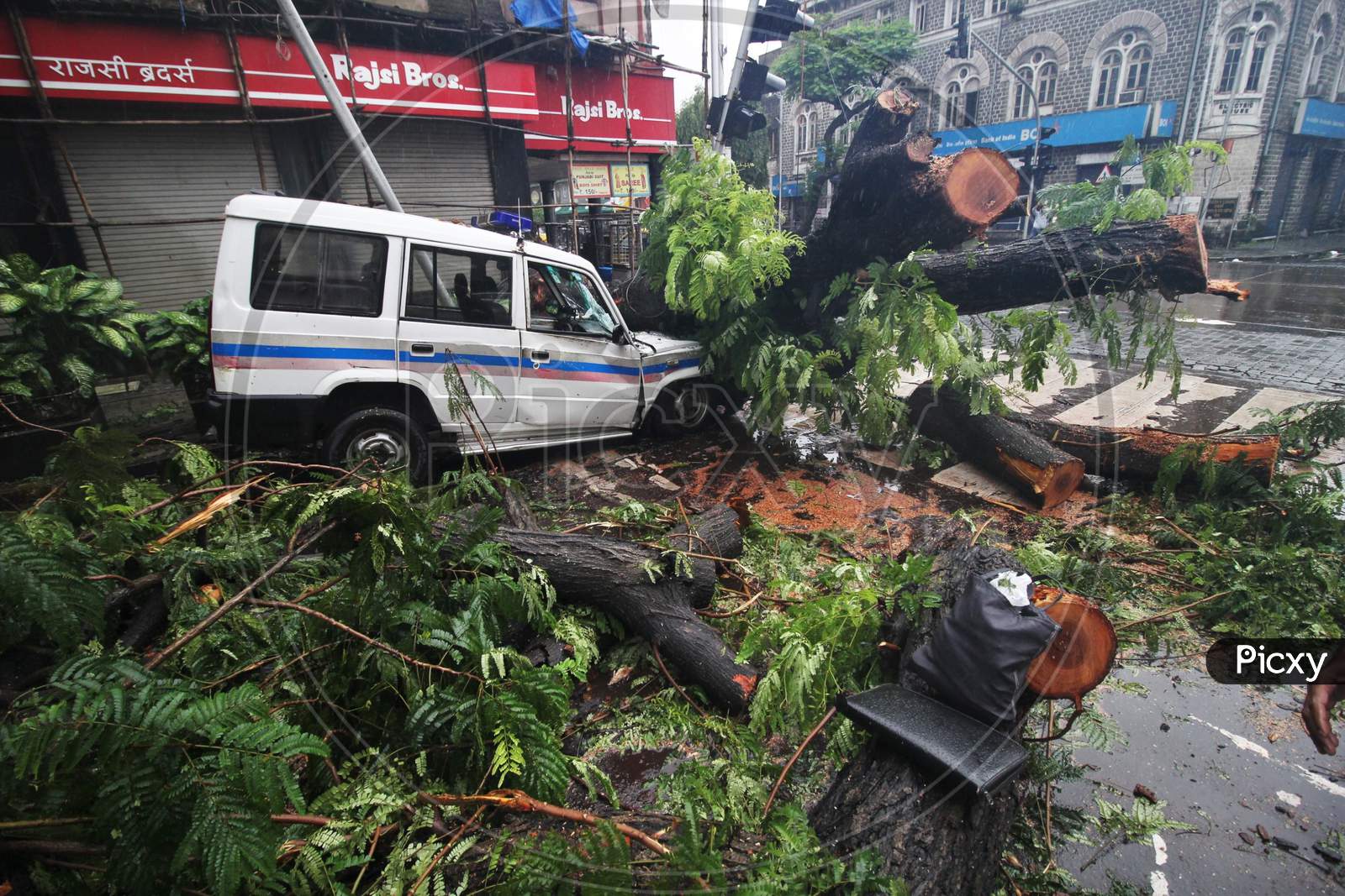 A police vehicle gets damaged after an uprooted tree fell on it after heavy rainfall in Mumbai, India on August 6, 2020.