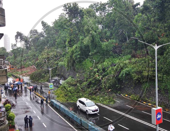 A view shows a landslide after heavy rainfall in Mumbai, India on August 6, 2020.