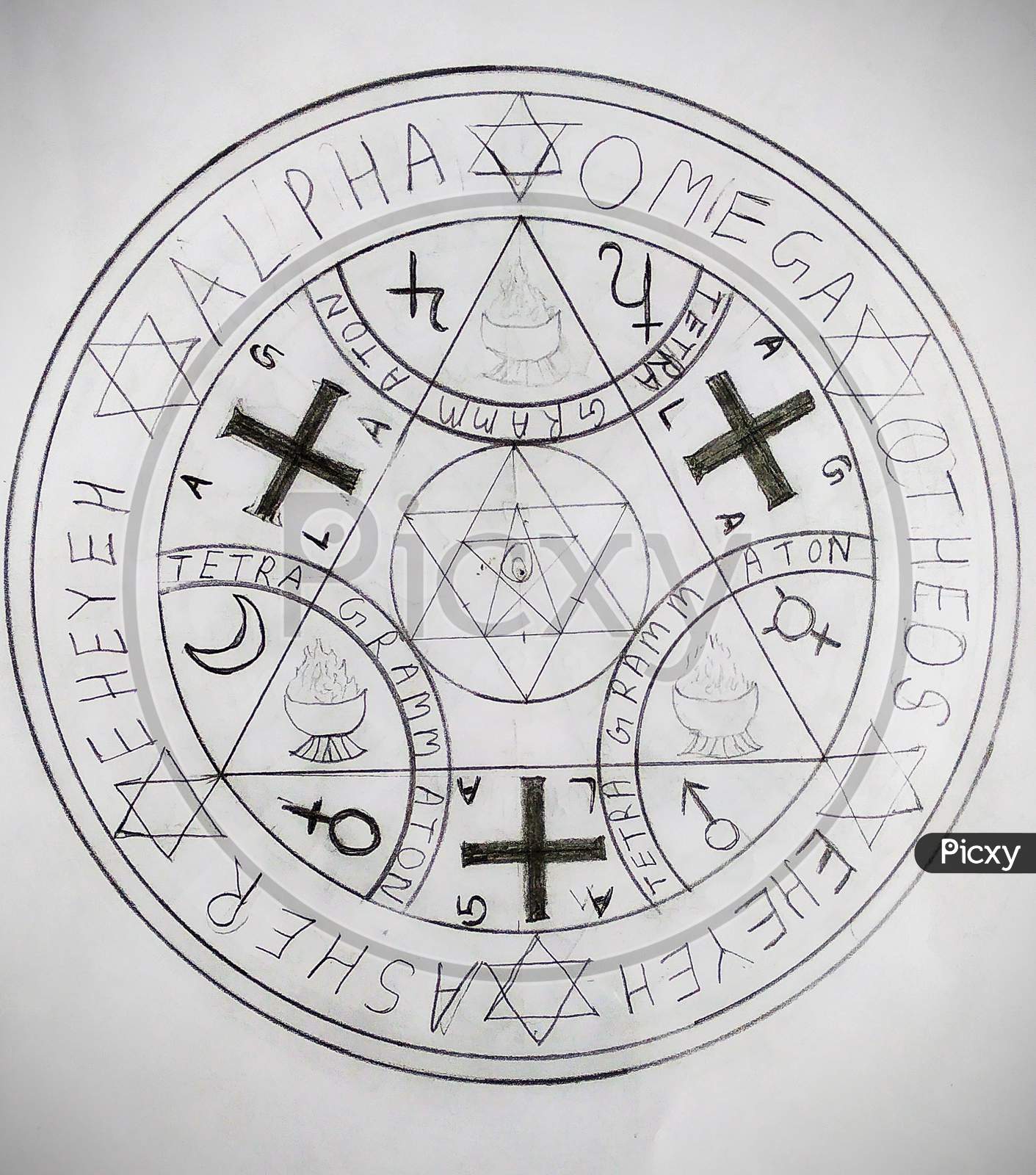 Magic board Enochian Angel magic amulet, alpha and omega,AGLA, tetragrammaton.
