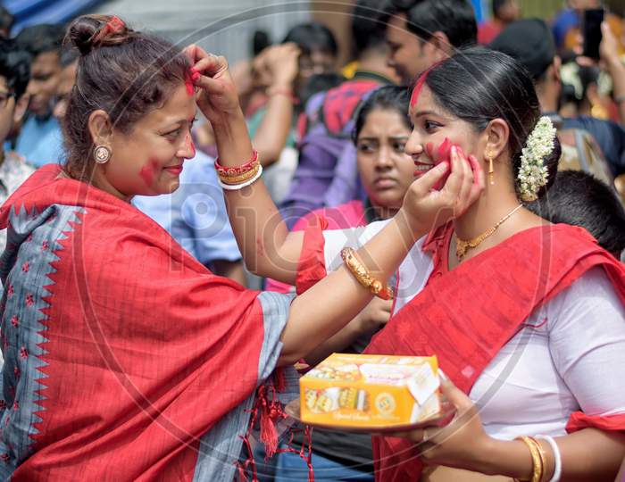 Women Participate In Sindur Khela At A Puja Pandal On The Last Day Of Durga Puja At Baghbazar Sarbojanin In Kolkata On October 2019