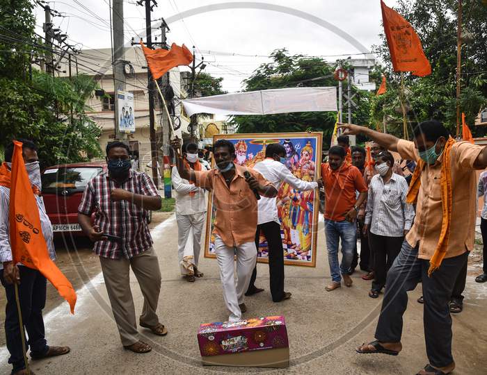Members Of Vishva Hindu Parishad Celebrate The Ground Breaking Ceremony Of The Proposed Ram Temple In Ayodhya,  In Vijayawada, August 05, 2020.